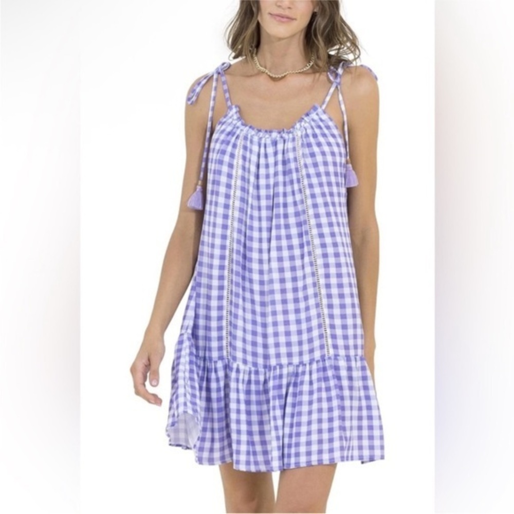 Maaji Purple White Checked Magnolia Summer Dress Tie Tassels Lattice Lace  M